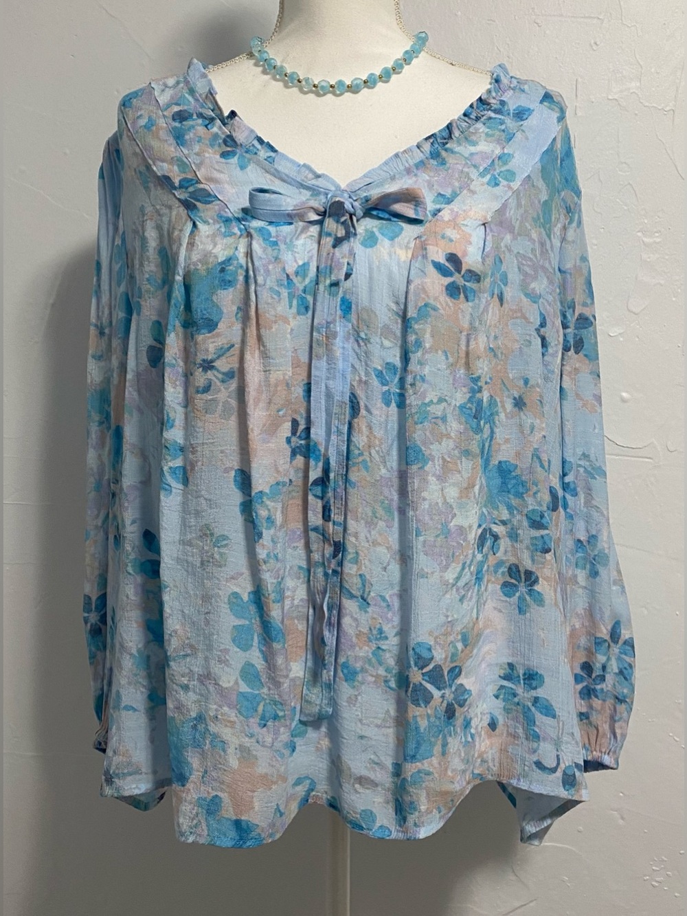Zac & Rachel Blue Floral Tie-Neck Blouse
